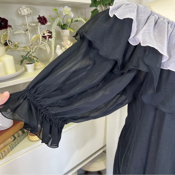 Vintage 80s Black and Silver Ruffle Cotton Gauze Mini Dress - Picture 4 of 16